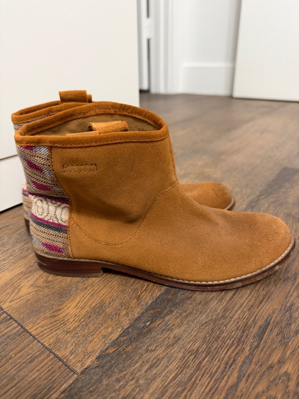 Zara Tan Suede Ankle Boots with Multi-Color Woven Heel